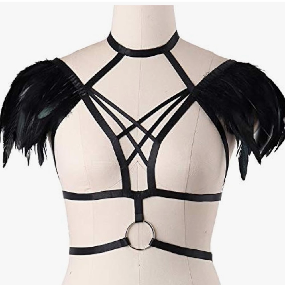 Feather harness strap bondage festival shoulder top gothic rave club minimalist - Picture 1 of 4